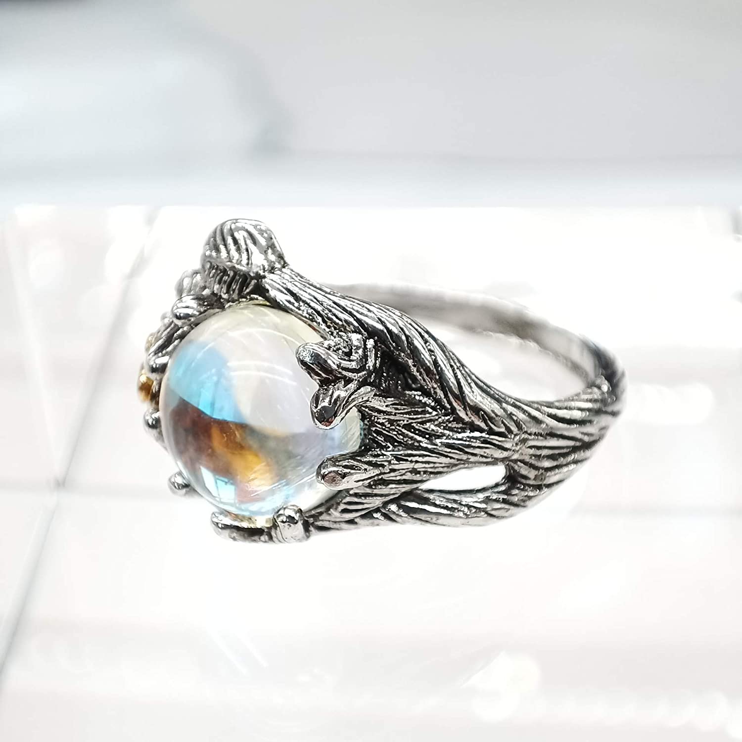 JESMING Rose Moonstone Ring Moon Ring 925 Cute Sterling Silver Rings Leaf Ring Wiccan Jewelry Rose Flower Ring Witchy Jewelry Healing Crystals Ring Antique Rings Moon Stones Ring for Women - Image 3